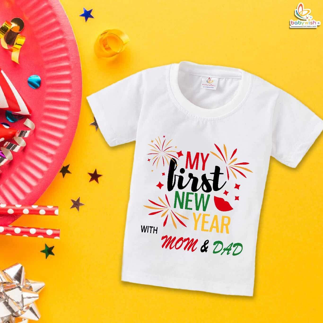 My First New Year T-Shirt with Mom & Dad | Unisex Half Sleeve Cotton Topwear Outfit | Cute Baby Boys & Girls Printed Family Celebration Happy New Year Clothes Dress – Babywish