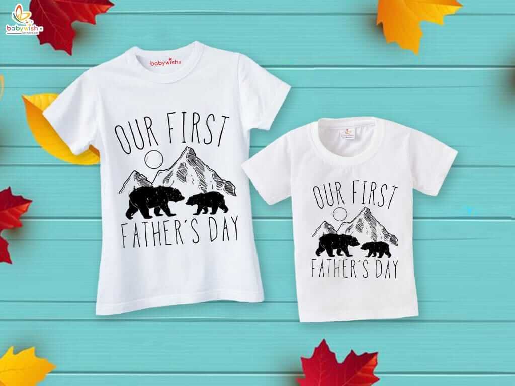 Fathers Day Special Combo White T-Shirts Sets for Father and Kid | Our First Father’s Day Bear’s Print Matching Outfit Pack of 2 by Babywish
