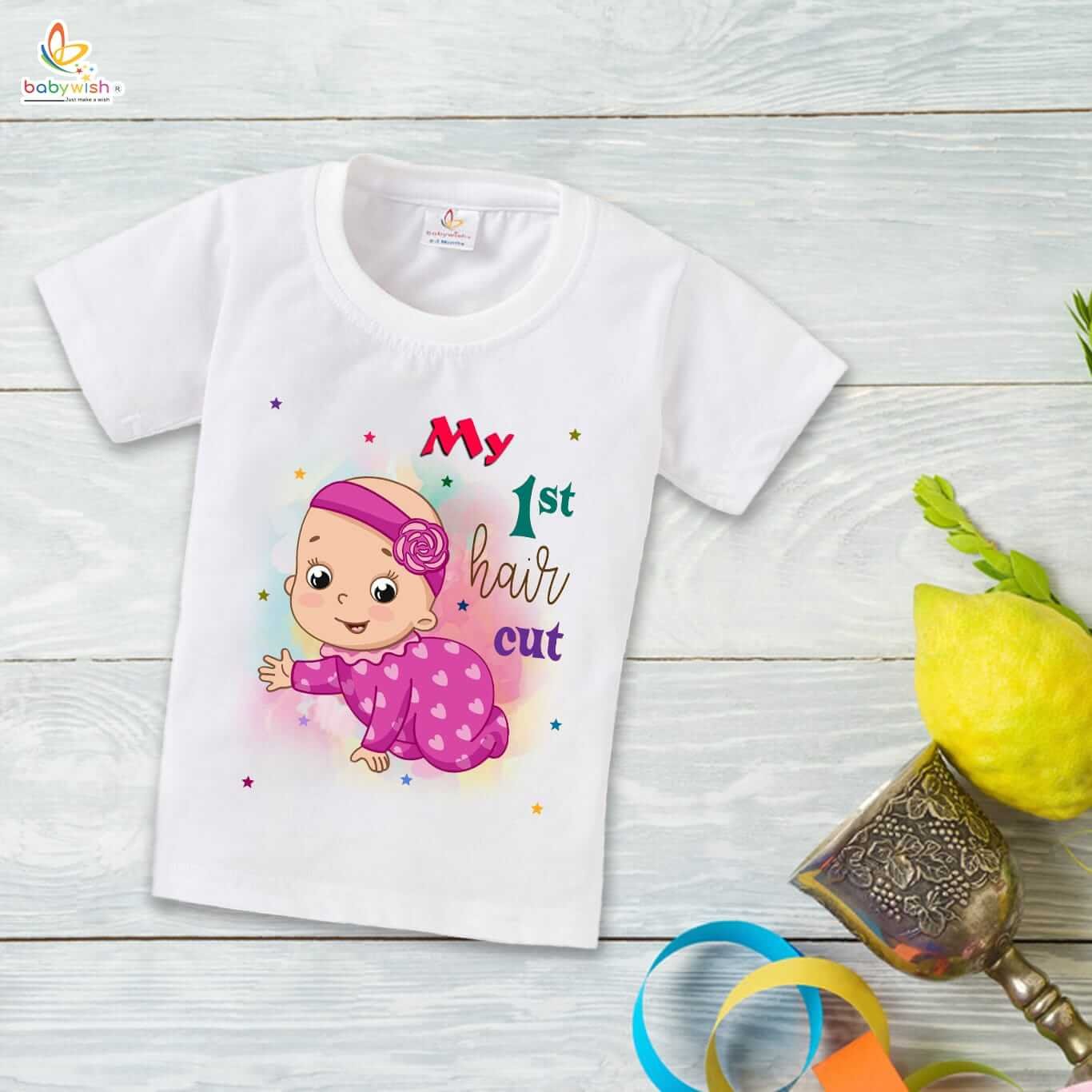 First Mundan Ceremony T-shirt for Kids, Unisex Topwear Outfit, Half Sleeve Baby Clothes, Soft Comfortable Boys and Girls Clothing, “My 1st Hair Cut” Special Occasion Tee