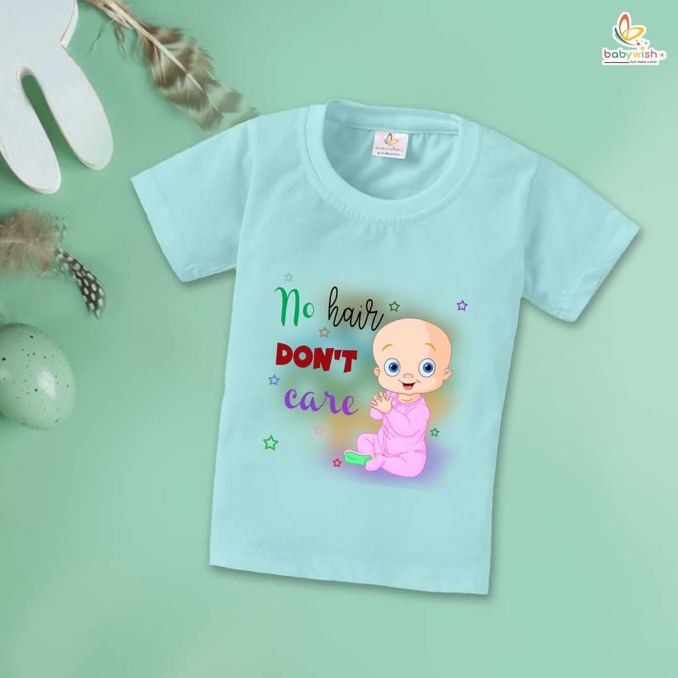 First Mundan Ceremony T-shirt for Kids, Unisex Topwear Outfit, Half Sleeve Baby Clothes, Soft Comfortable Boys and Girls Clothing, “No Hair Don't Care” Special Occasion Tee