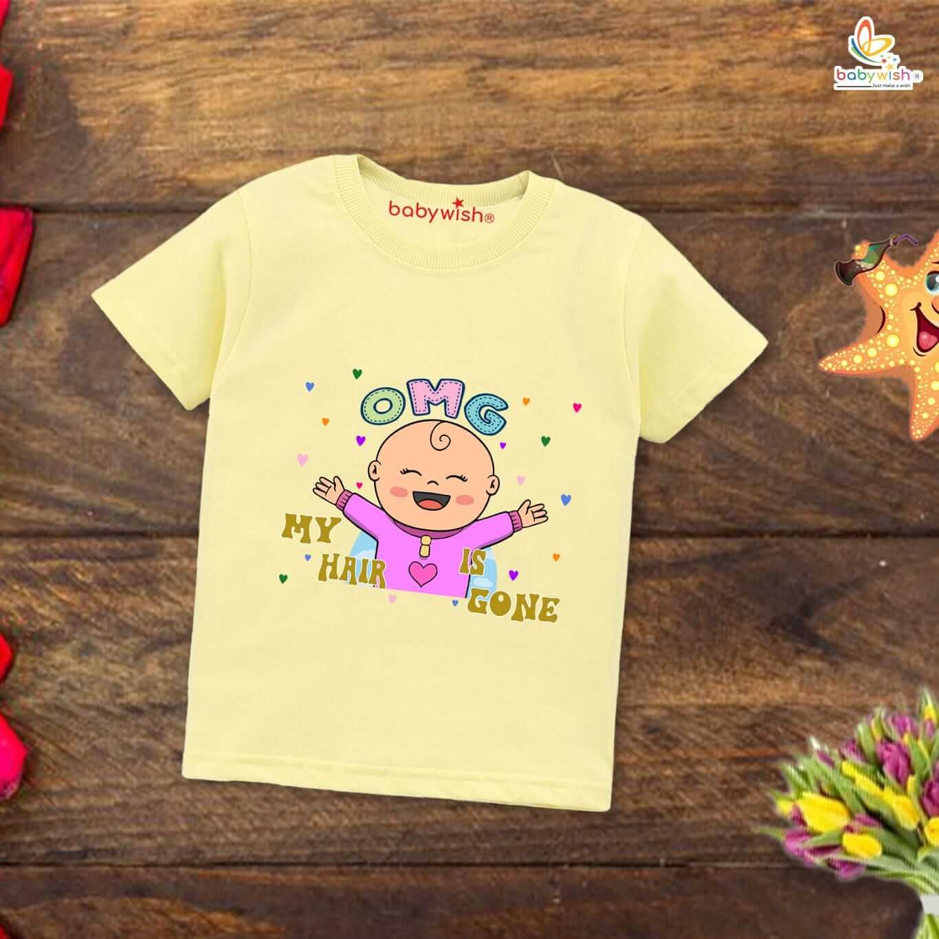 First Mundan Ceremony T-shirt for Kids, Unisex Topwear Outfit, Half Sleeve Baby Clothes, Soft Comfortable Boys and Girls Clothing, “OMG My Hair is Gone” Special Occasion Tee