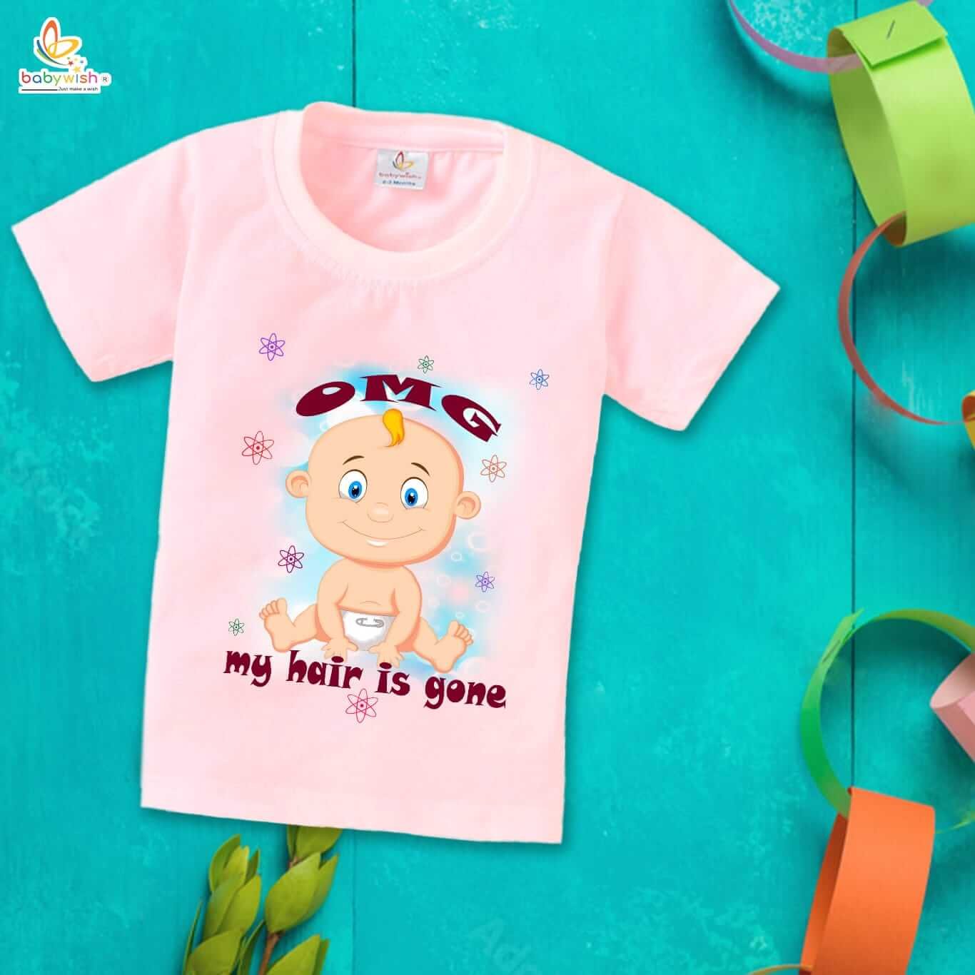 First Mundan Ceremony T-shirt for Kids, Unisex Topwear Outfit, Half Sleeve Baby Clothes, Soft Comfortable Boys and Girls Clothing, “OMG My Hair is Gone” Special Occasion Tee