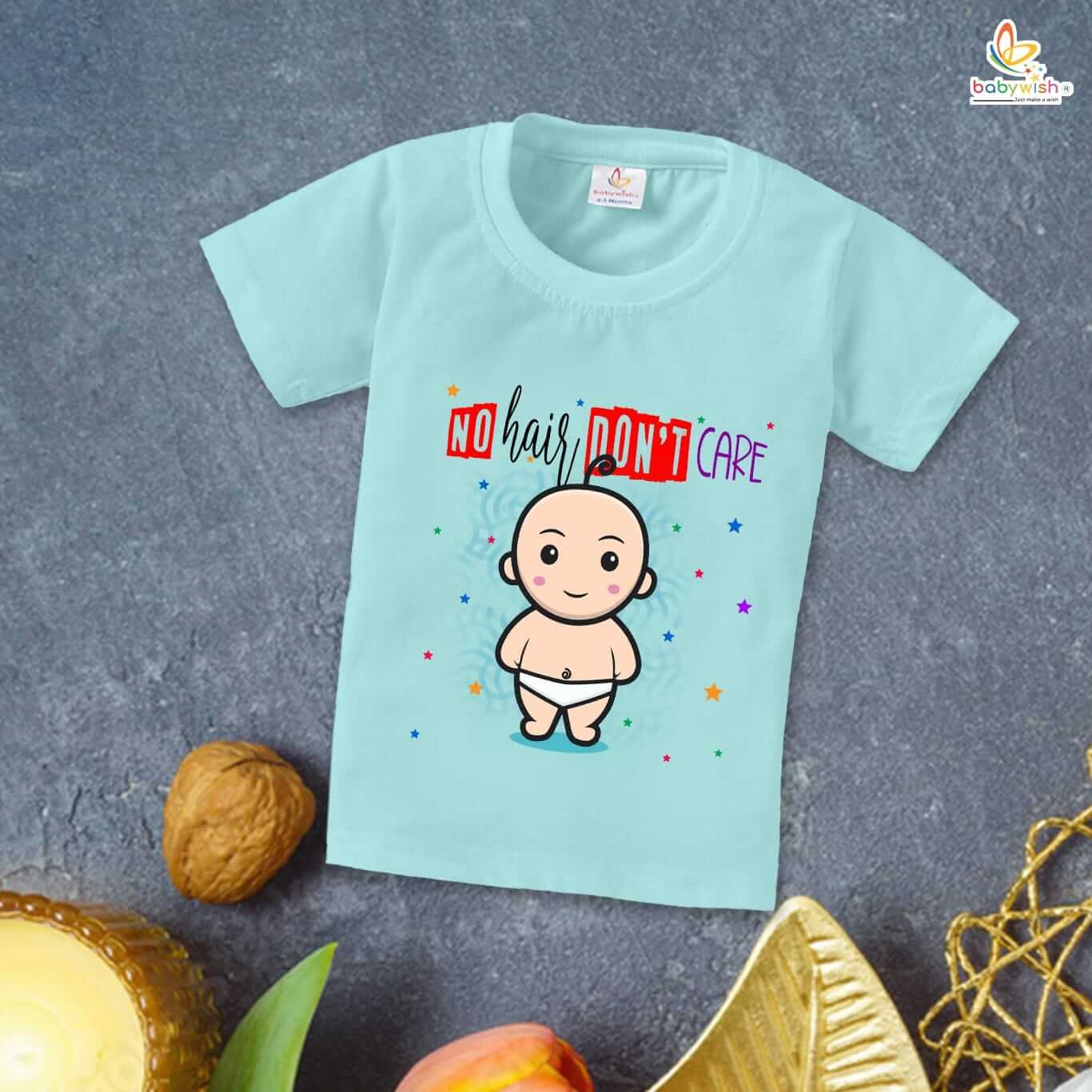 First Mundan Ceremony T-shirt for Kids, Unisex Topwear Outfit, Half Sleeve Baby Clothes, Soft Comfortable Boys and Girls Clothing, “No Hair Don't Care” Special Occasion Tee