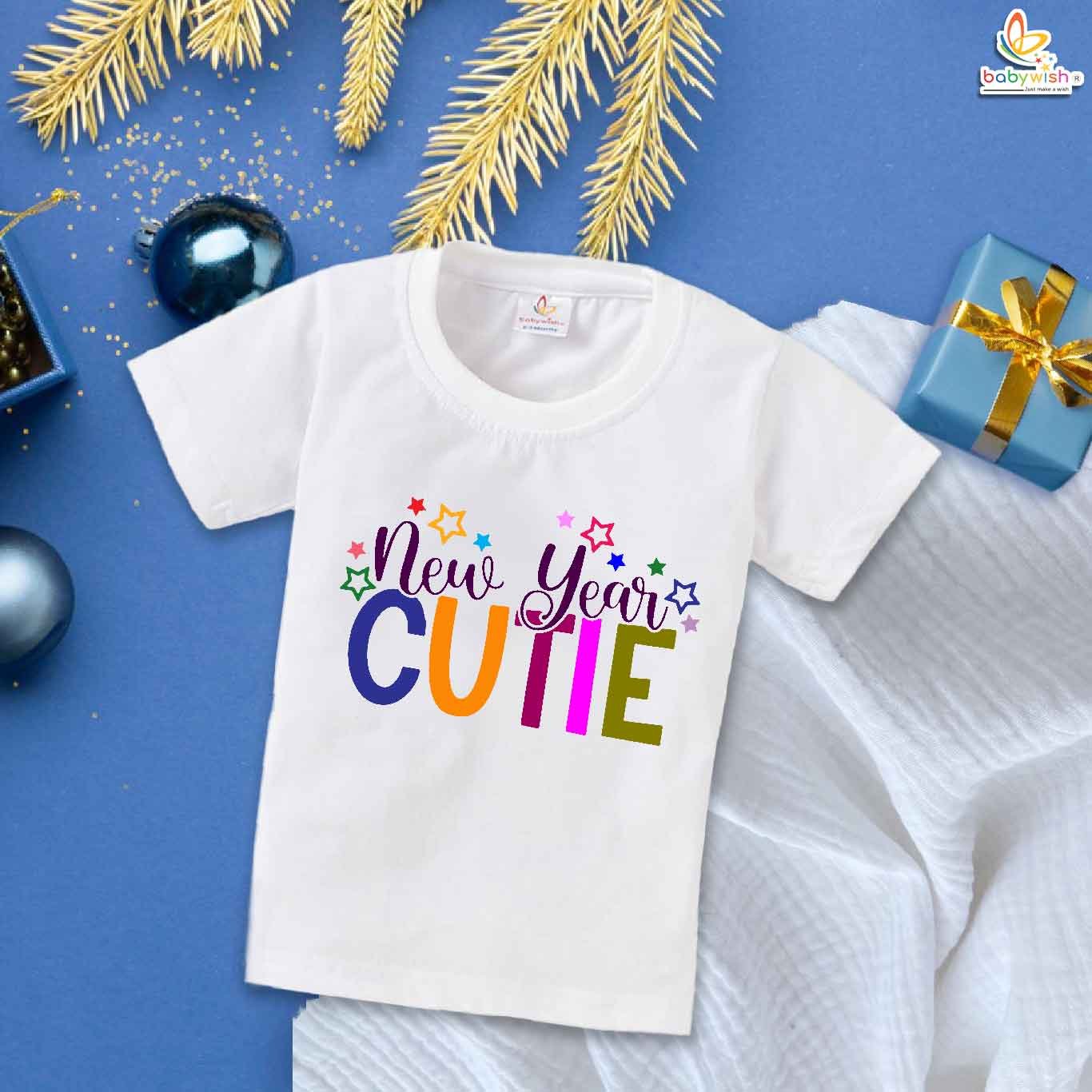 My First New Year T-shirt New Year Cutie Printed | Adorable Baby New Year Clothes | Cotton Half Sleeve Outfit for Boys & Girls | Cute Infant Wear for First New Year Party Celebration - Babywish