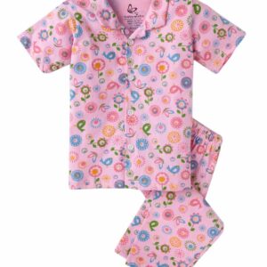 Pink Floral Bird Printed Half Sleeve Night Suit Set for Baby Boys and Girls