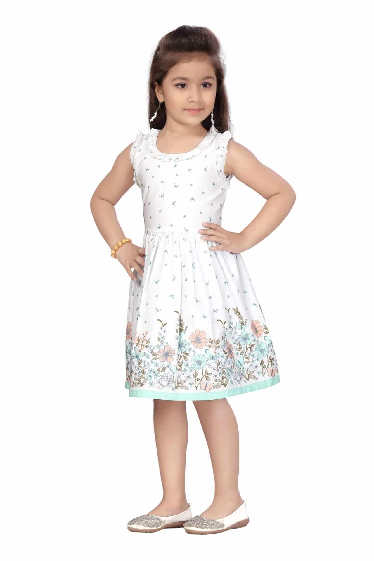 Girls Floral Print Knee Length Cotton Dress – Flutter Sleeve Party Frock - Image 3