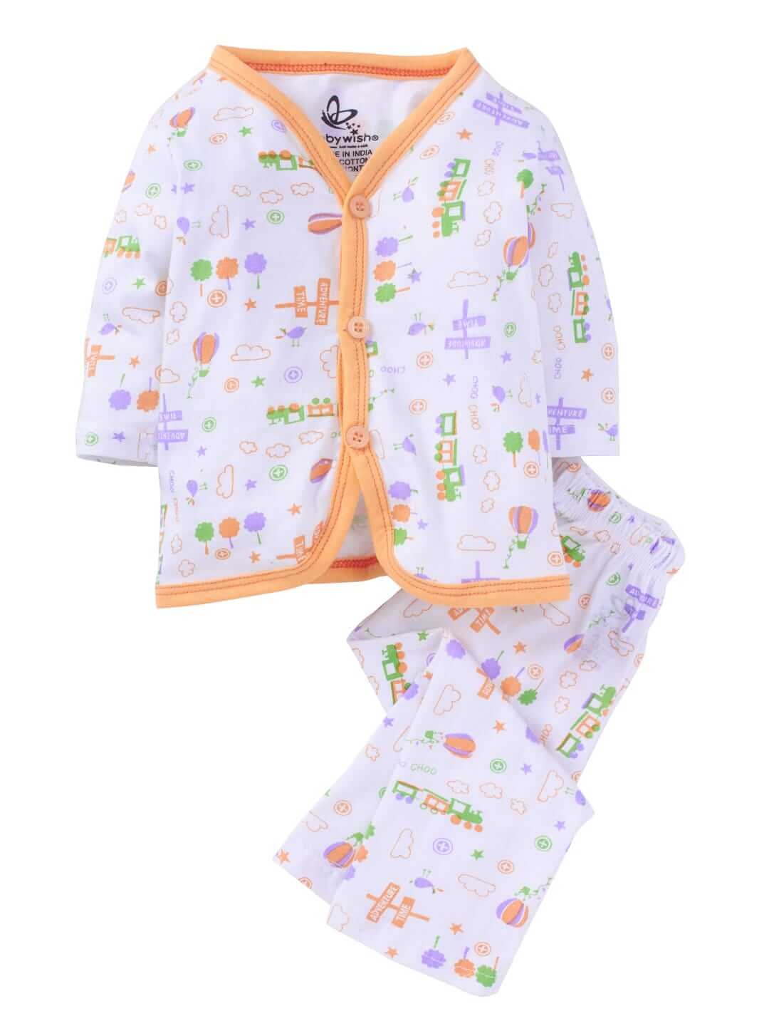 kids top bottom baby Jhabla Set Full Sleeve Pure Cotton kids tshirt Jhabla pajama set - Peach Magic Train Print