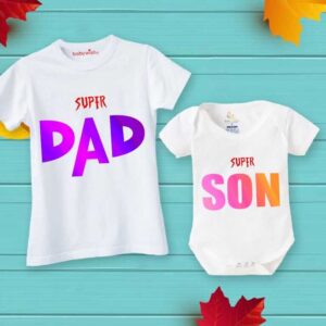 Super Dad Super Son Matching T-Shirt & Romper Combo for Father's Day | White Outfit Set for Dad and Baby | Fun Gift Pack of 2 for Father's Day Celebration - Babywish
