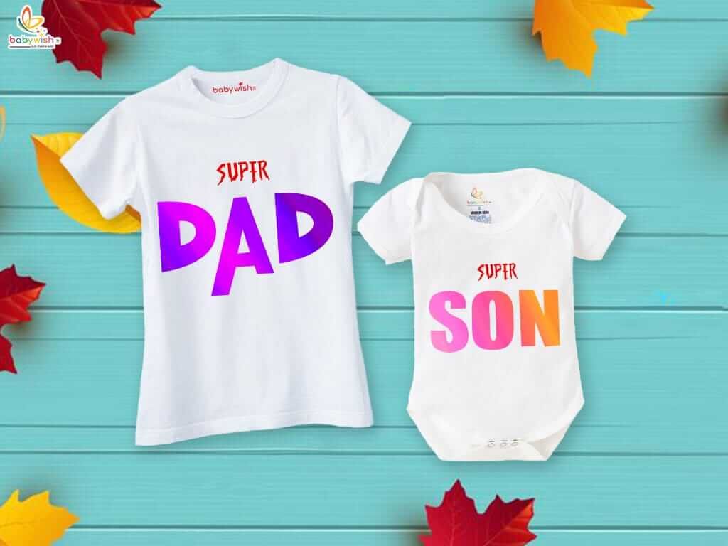 Super Dad Super Son Matching T-Shirt & Romper Combo for Father's Day | White Outfit Set for Dad and Baby | Fun Gift Pack of 2 for Father's Day Celebration - Babywish