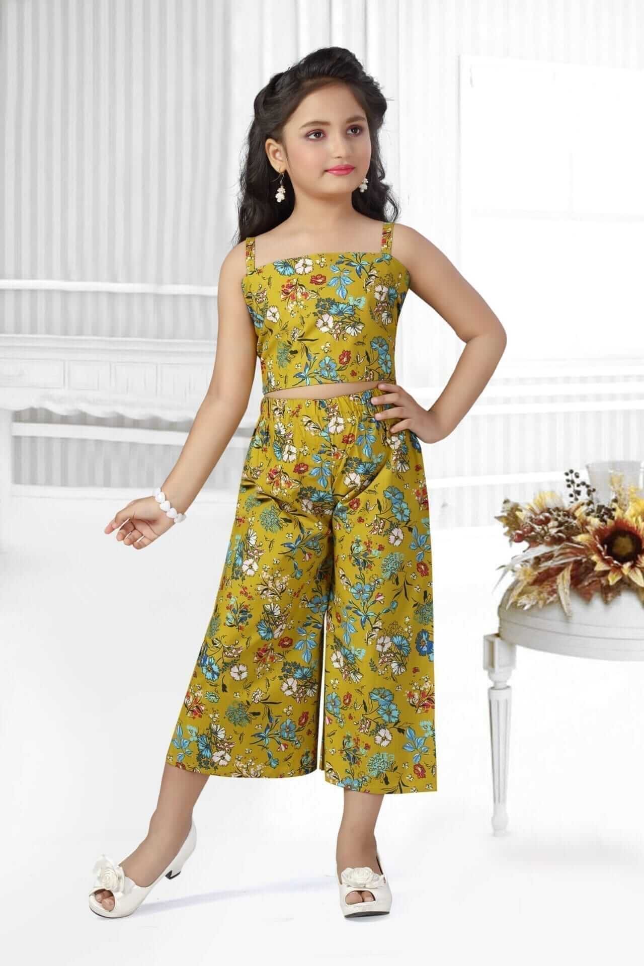 Girl Dress Full Length Check Frock Floral Prints Sleeveless Two-Piece Dress Top Bottom Off Shoulder Water Lily Floral Perfect for Wedding, Party, Birthday or Special Occasions