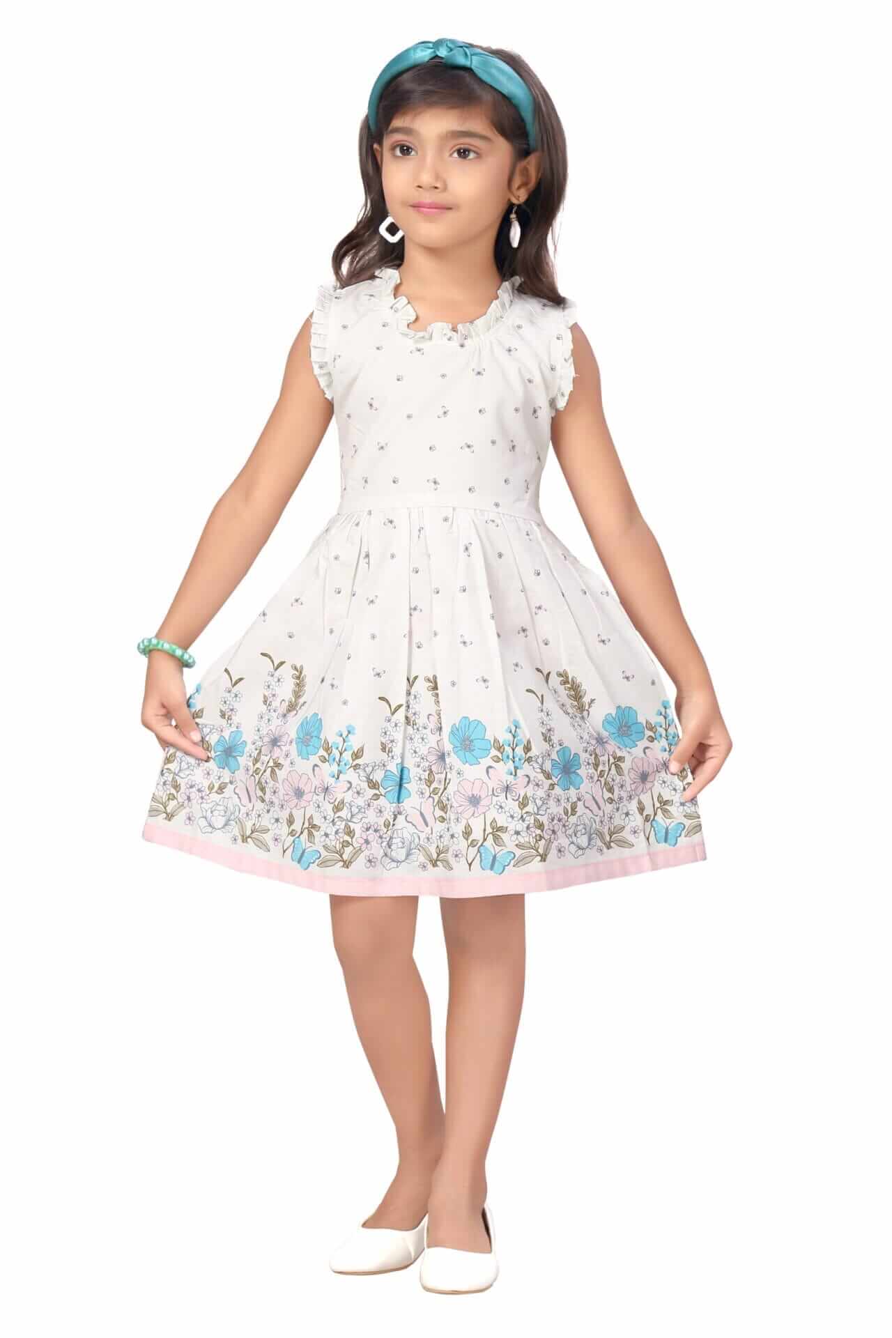 Girls Floral Print Knee Length Cotton Dress – Flutter Sleeve Party Frock - Image 10