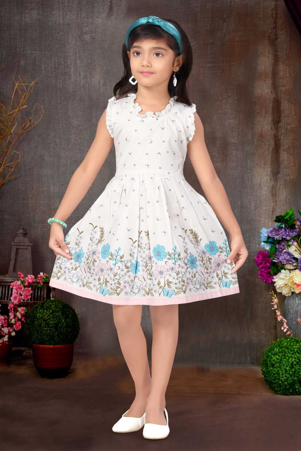 Girls Floral Print Knee Length Cotton Dress – Flutter Sleeve Party Frock - Image 7