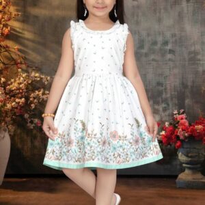 Girls Floral Print Knee Length Cotton Dress – Flutter Sleeve Party Frock