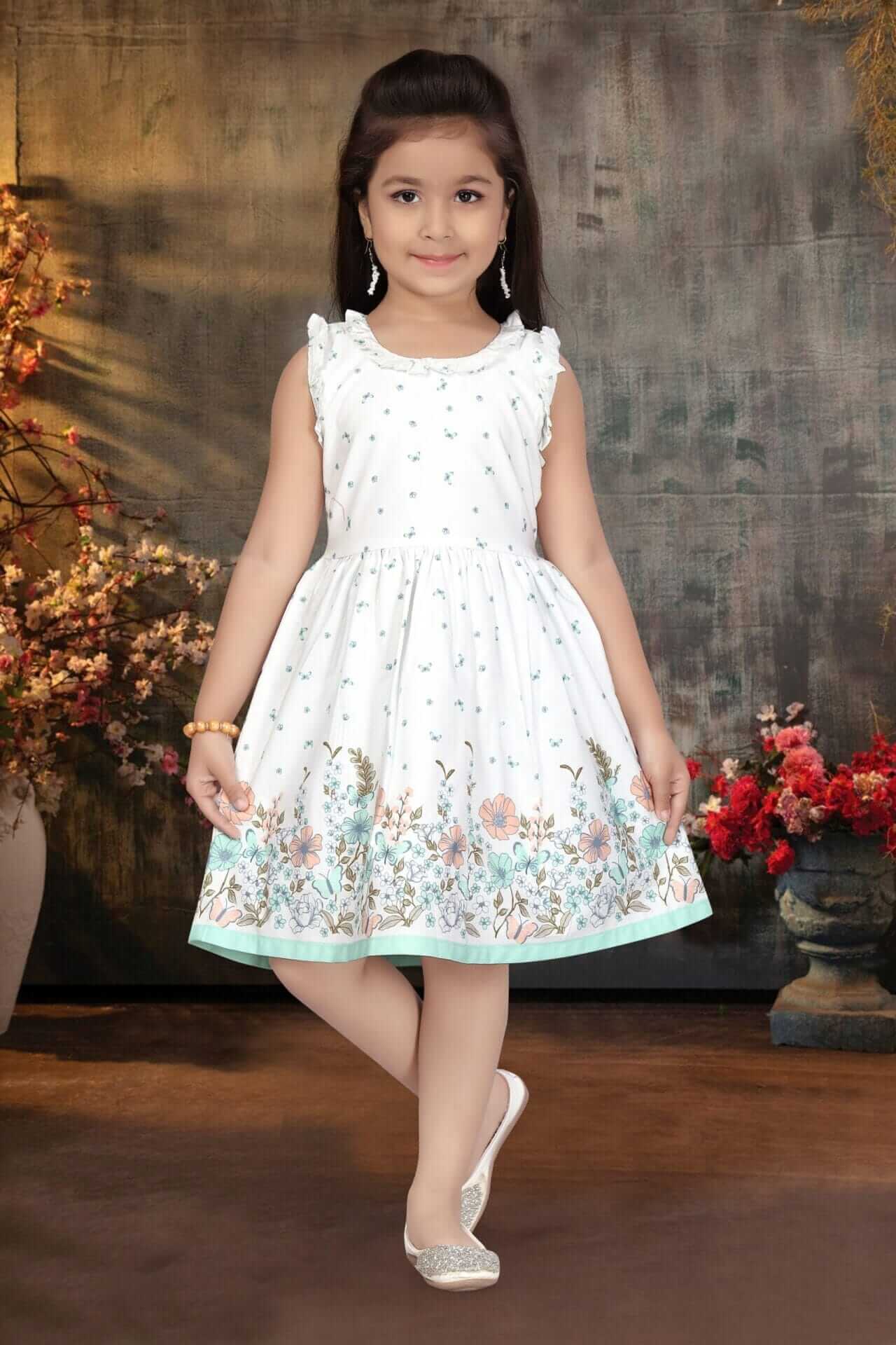 Girls Floral Print Knee Length Cotton Dress – Flutter Sleeve Party Frock