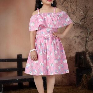 Babywish Girls Knee Length Check Floral Midi Dress Set, Off Shoulder Sleeveless Jasmine Floral Print Top Bottom Outfit for Birthday Party Wedding Summer Wear Color Pink Age 1-12 Years Babywish