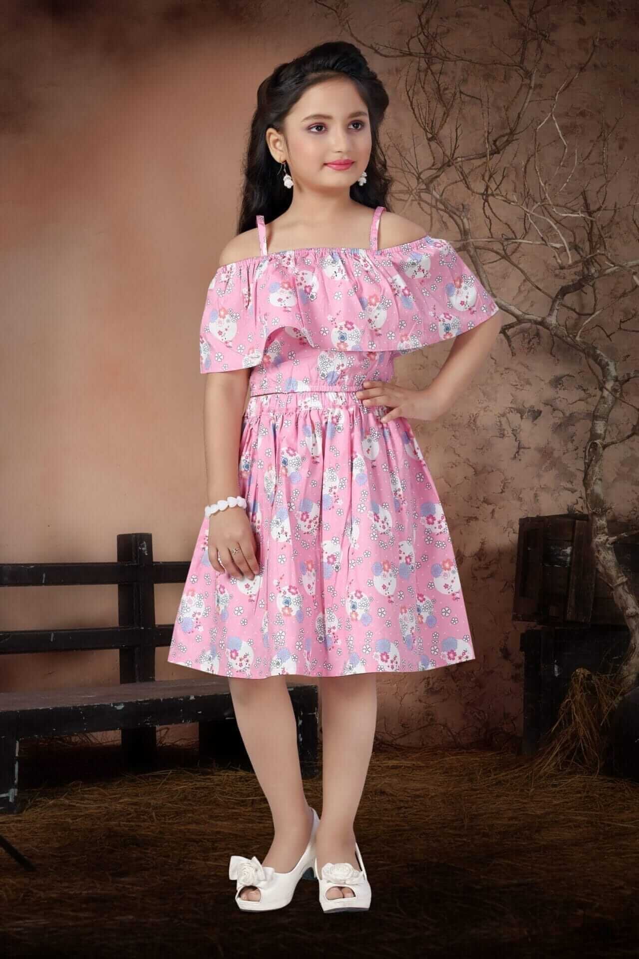 Girl Dress Knee Length Check Frock Floral Prints Sleeveless Midi Dress Top Bottom Off Shoulder Jasmine Floral Perfect for Party, Wedding, Birthday or Summer Outfits