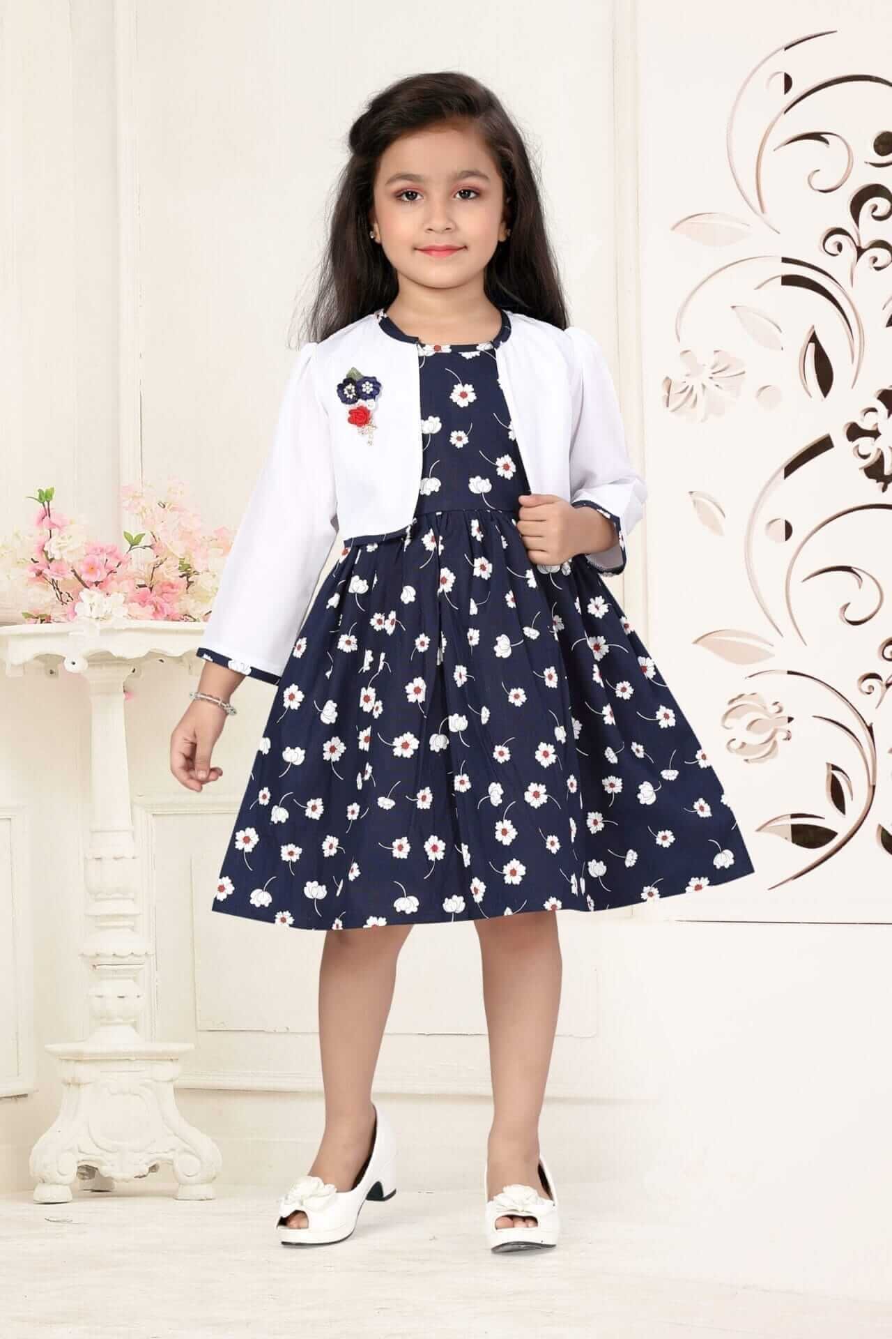 Girl Dress Knee Length Full Sleeve Floral Frock with Jacket Girls Wedding Party Dress Floral Print Jacket Frock Perfect for Birthday, Wedding, or Special Occasions