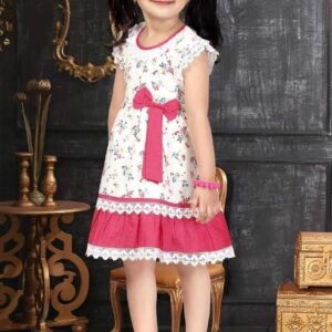 Babywish Floral Print Girls Knee Length Cotton Frock with Flutter Sleeves & Lace Hem – Birthday Party Wedding Summer Dress for Baby Girls Color Pink Age 1-12 Years Babywish