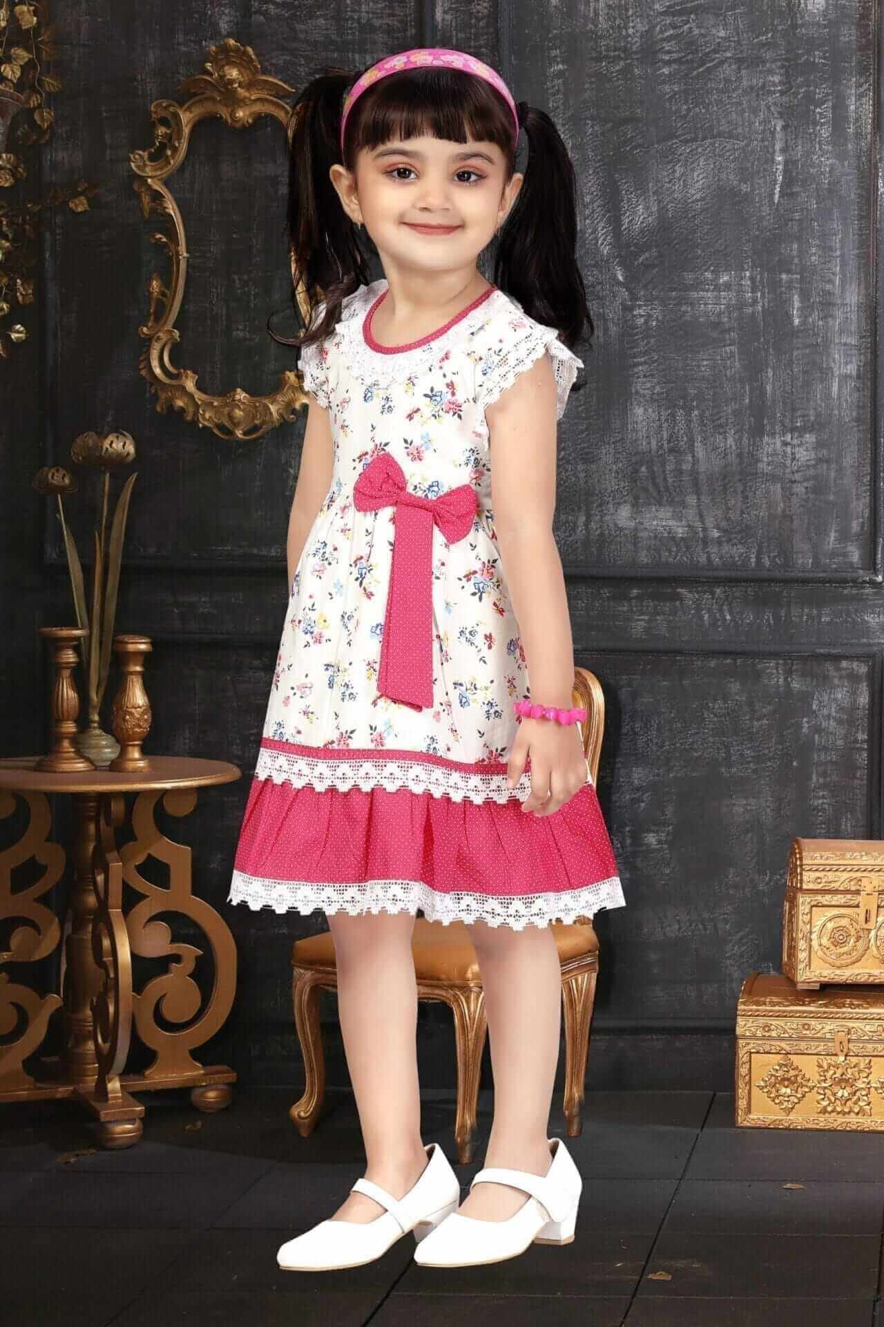 Girl Dress Knee Length Frock Floral Prints Girls Flutter Wings Half-Sleeve Cotton Dress with Lace Bottom Perfect for Birthday, Party, Wedding or Summer Outfits