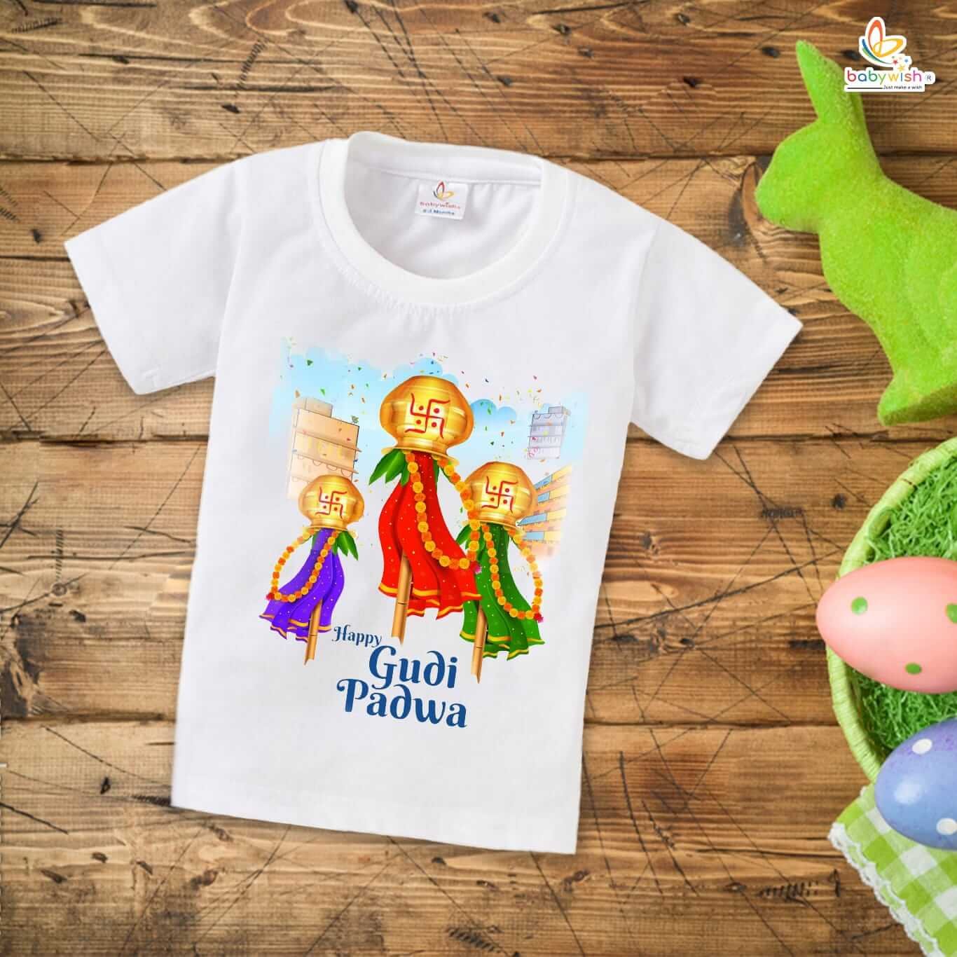 Gudi Padwa T-shirt for Kids – Unisex Topwear Outfit, Printed Half Sleeve Tshirt Dress for Boys and Girls “Celebrating Gudi Padwa” Perfect Festival Wear for Children