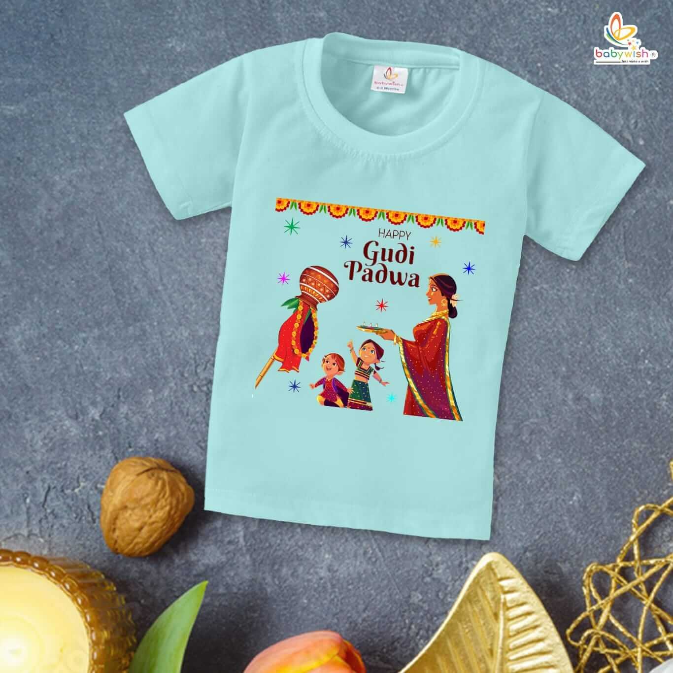 Gudi Padwa T-shirt for Kids – Unisex Topwear Outfit, Printed Half Sleeve Tshirt Dress for Boys and Girls “Happy Gudi Padwa” Perfect Festival Wear for Children