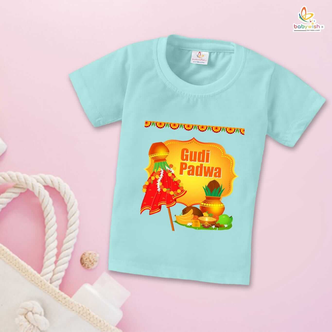 Gudi Padwa T-shirt for Kids – Unisex Topwear Outfit, Printed Half Sleeve Tshirt Dress for Boys and Girls “Worship on Gudi Padwa Festival” Perfect Festival Wear for Children