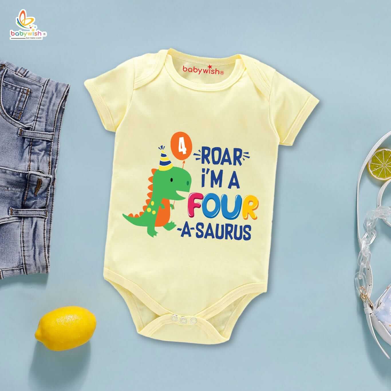 Babywish Dinosaur 4th Birthday Baby Romper – Roar I’m A Four-A-Saurus Printed Half Sleeve Cotton Onesie for Boys & Girls - Image 4