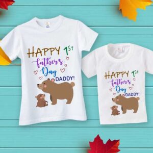 Happy 1st Father's Day Daddy Matching Family T-Shirt Set for Dad and Baby | Father’s Day Outfit | Cute Bear Print Dad & Baby Tee | Baby Age 0-3 Years and Men Size S, M, L, XL, XXL | White | Babywish