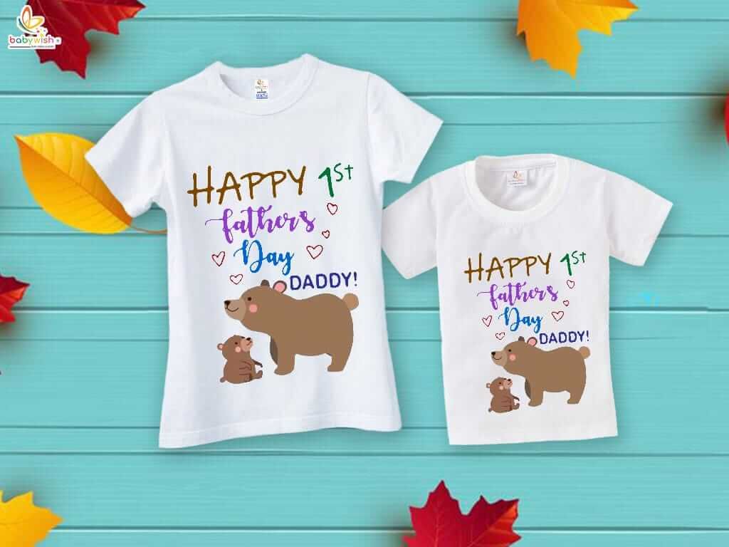Fathers Day Special Matching T-Shirts Set for Father and Kid - Happy 1st Father’s Day Daddy Bear Print - Combo Pack of 2 | Adorable Gift Set - Babywish