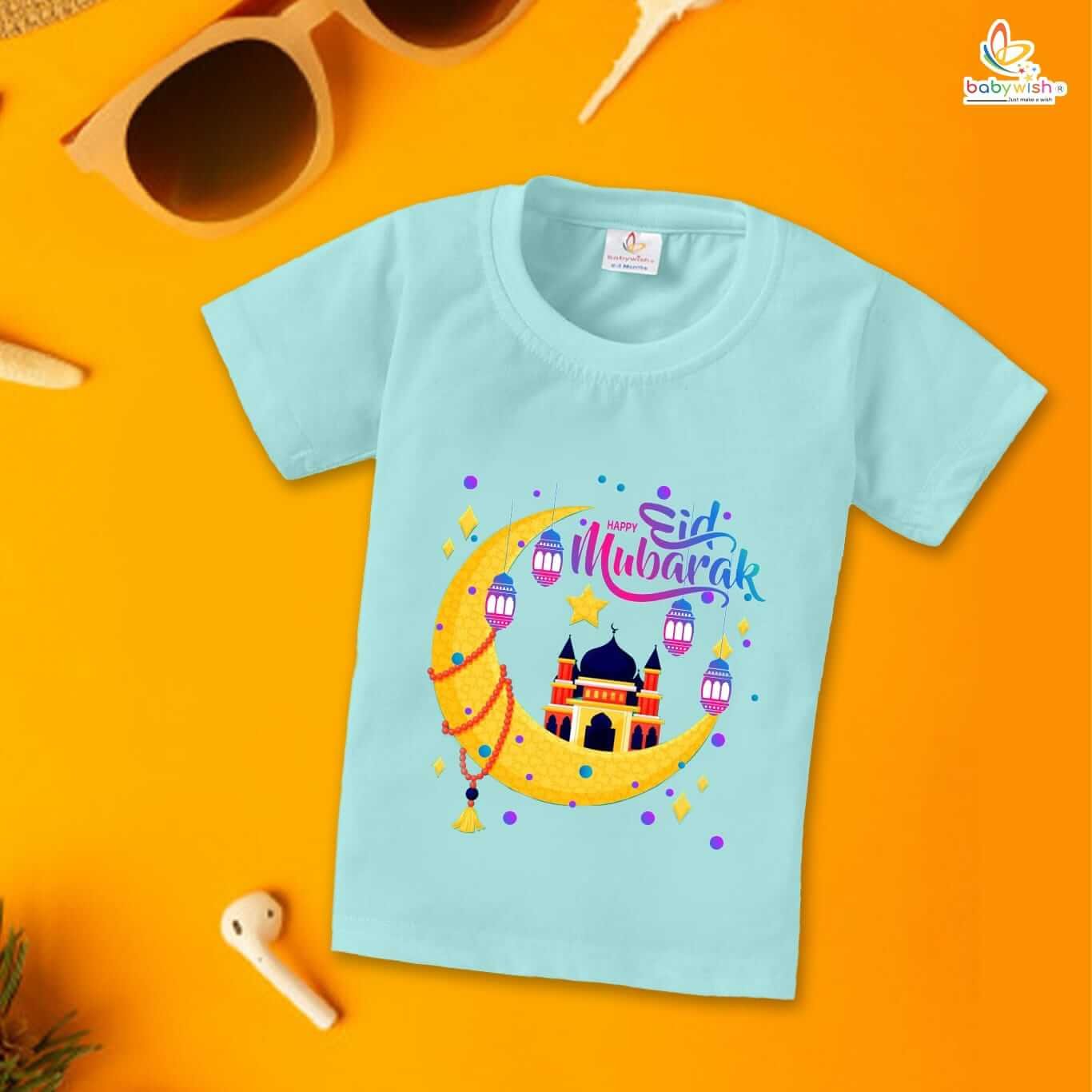 Eid T-shirt for Kids Unisex Ramadan Topwear Outfit | Printed Half Sleeve Tshirt Dress for Boys & Girls | Celebrate Happy Eid Mubarak