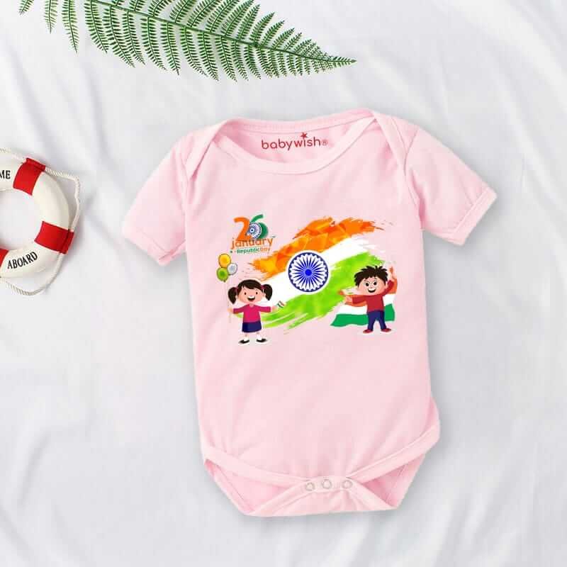 Baby First Republic Day Romper Clothes Baby Bodysuits Newborn Outfit Envelop Neck Half Sleeve Unisex Onesies"Happy Republic Day"