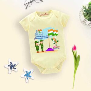 I Love India Republic Day Baby Romper for Newborn Boys & Girls | Soft Cotton Half Sleeve Patriotic Bodysuit with Indian Flag & Army Theme Print | 26 January Celebration Wear Light Yellow | 0-12 Months | Babywish