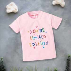 Baby pink kids t-shirt with colorful “You’re Limited Edition” print soft cotton summer wear