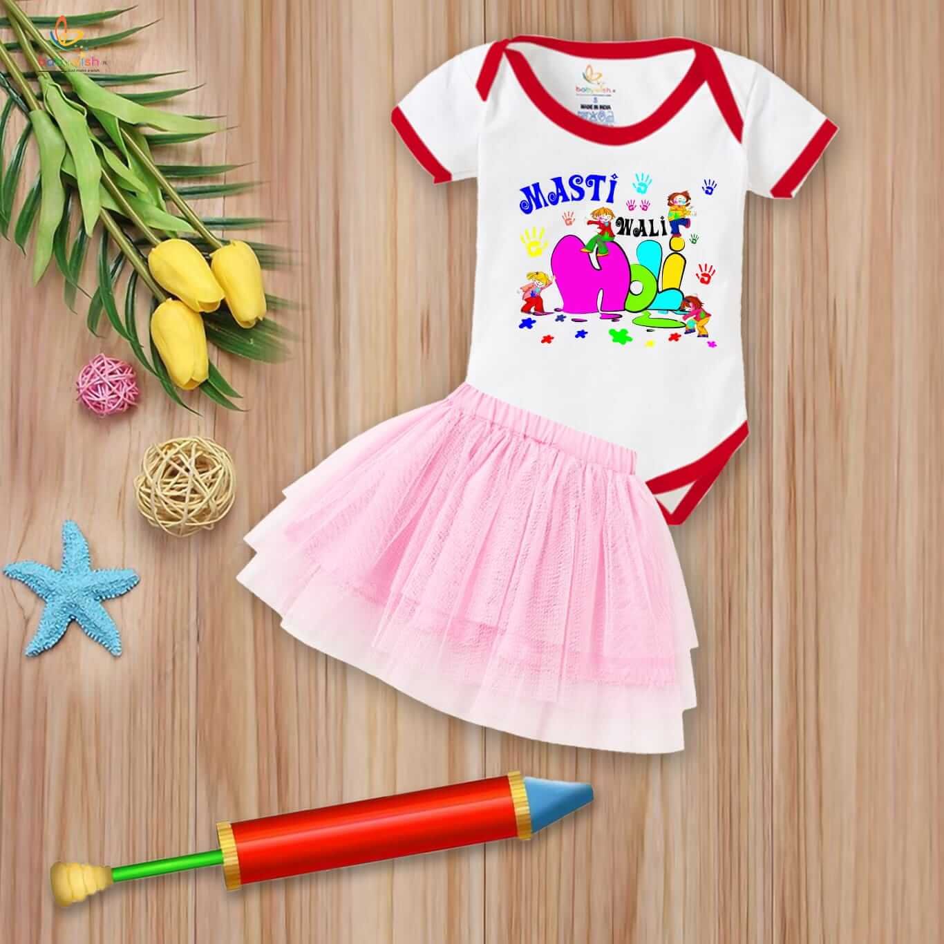 Newborn Girl’s Tutu Skirt & Romper | Holi Print Onesies Bodysuits | Baby 0–3 Months Outfit | Soft, Comfortable, Breathable Dress for Festivals, Parties & Everyday Wear