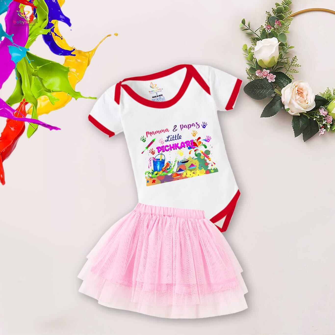 Newborn Girl’s Tutu Skirt & Romper | Holi Print Onesies Bodysuits | Baby 0–3 Months Outfit | Soft, Comfortable, Breathable Dress for Festivals, Parties & Everyday Wear