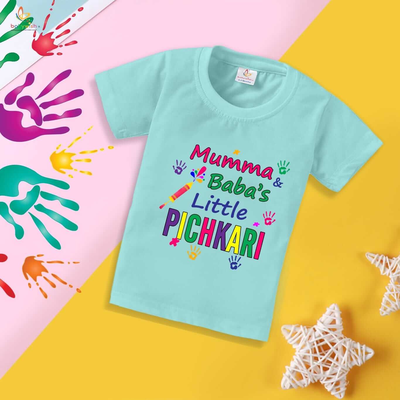 Holi T-shirt for Kids – Unisex Holi Topwear Outfit, Printed Half Sleeve Tee “Baba's Pichkari,” Colorful Festival Dress for Boys & Girls