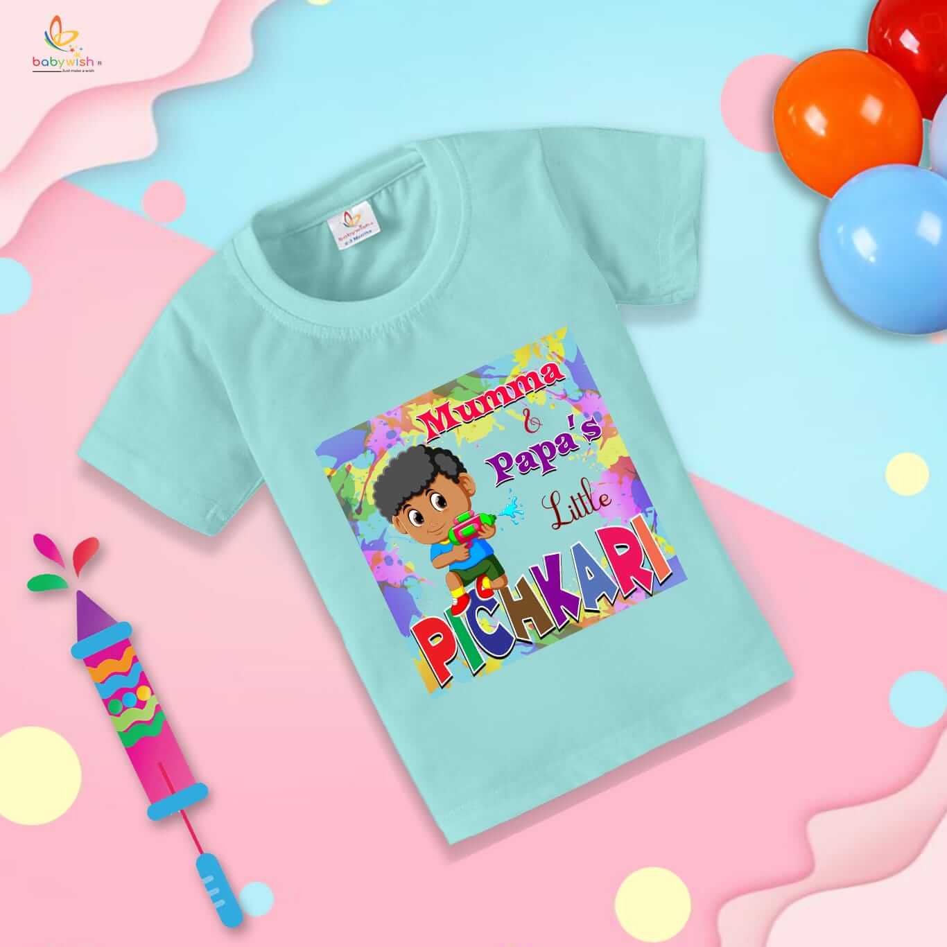 Holi T-shirt for Kids – Unisex Holi Topwear Outfit, Printed Half Sleeve Tee “Boy Playing with Pichkari,” Colorful Festival Dress for Boys & Girls