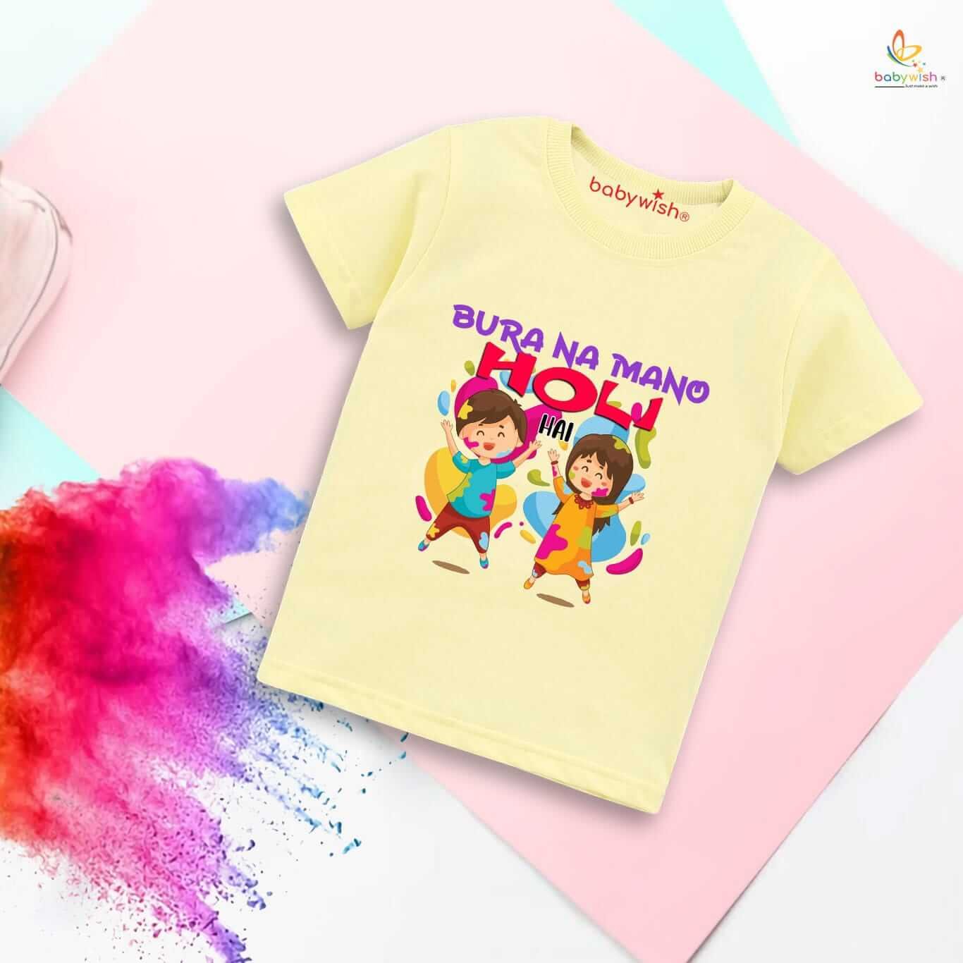 Holi T-shirt for Kids – Unisex Holi Topwear Outfit, Printed Half Sleeve Tee “Bura Na Mano It's Festival,” Fun Colorful Dress for Boys & Girls