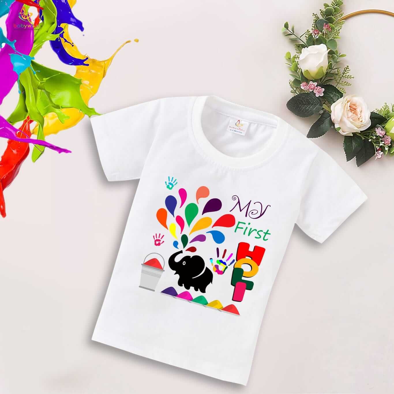 Holi T-shirt for Kids – Unisex Holi Topwear Outfit, Printed Half Sleeve Tee “Elephant Print Holi,” Colorful Festival Dress for Boys & Girls