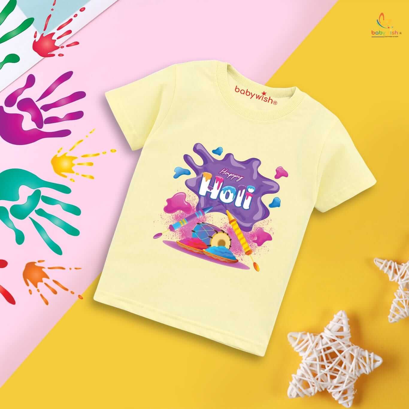 Holi T-shirt for Kids – Unisex Holi Topwear Outfit, Printed Half Sleeve Tee “Flying Holi Color,” Colorful Festival Dress for Boys & Girls
