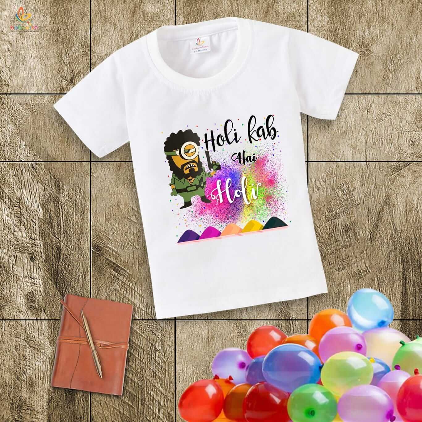 Holi T-shirt for Kids – Unisex Holi Topwear Outfit, Printed Half Sleeve Tee “Gabbar printed on Holi,” Colorful Festival Dress for Boys & Girls