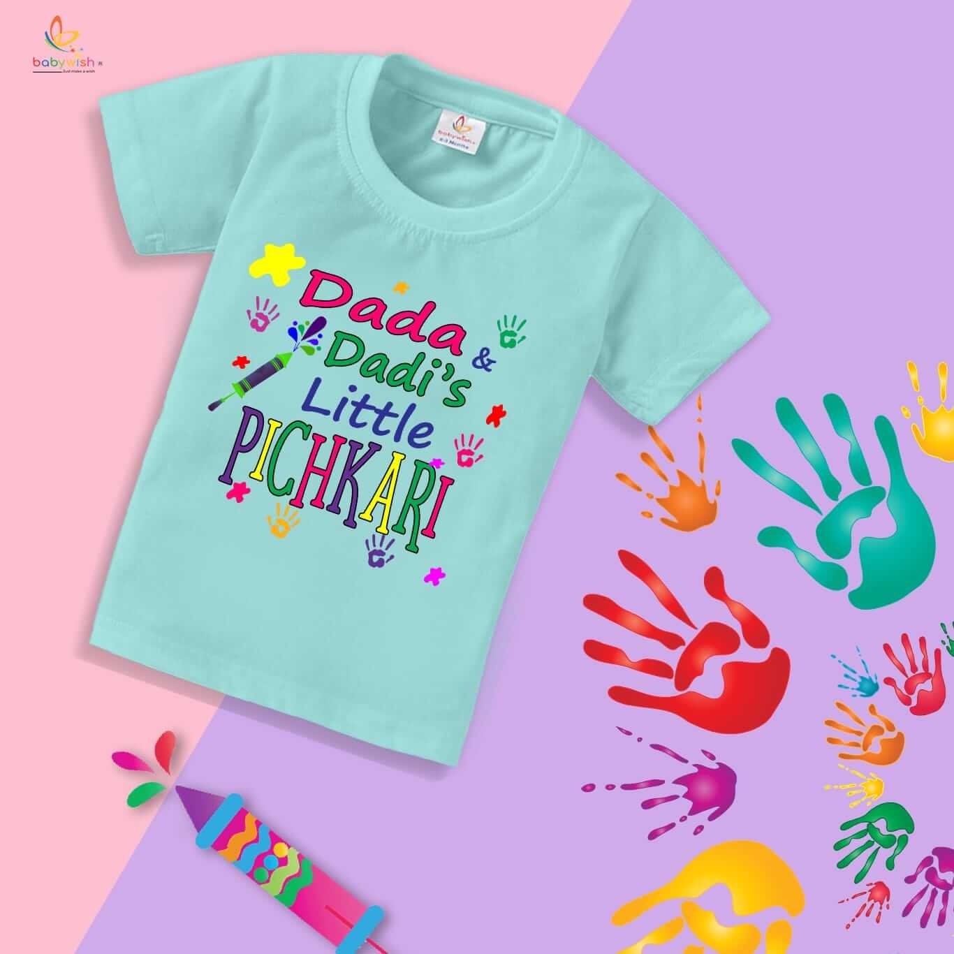 Holi T-shirt for Kids – Unisex Holi Topwear Outfit, Printed Half Sleeve Tee “Grandpa's Little Pichkari,” Colorful Festival Dress for Boys & Girls