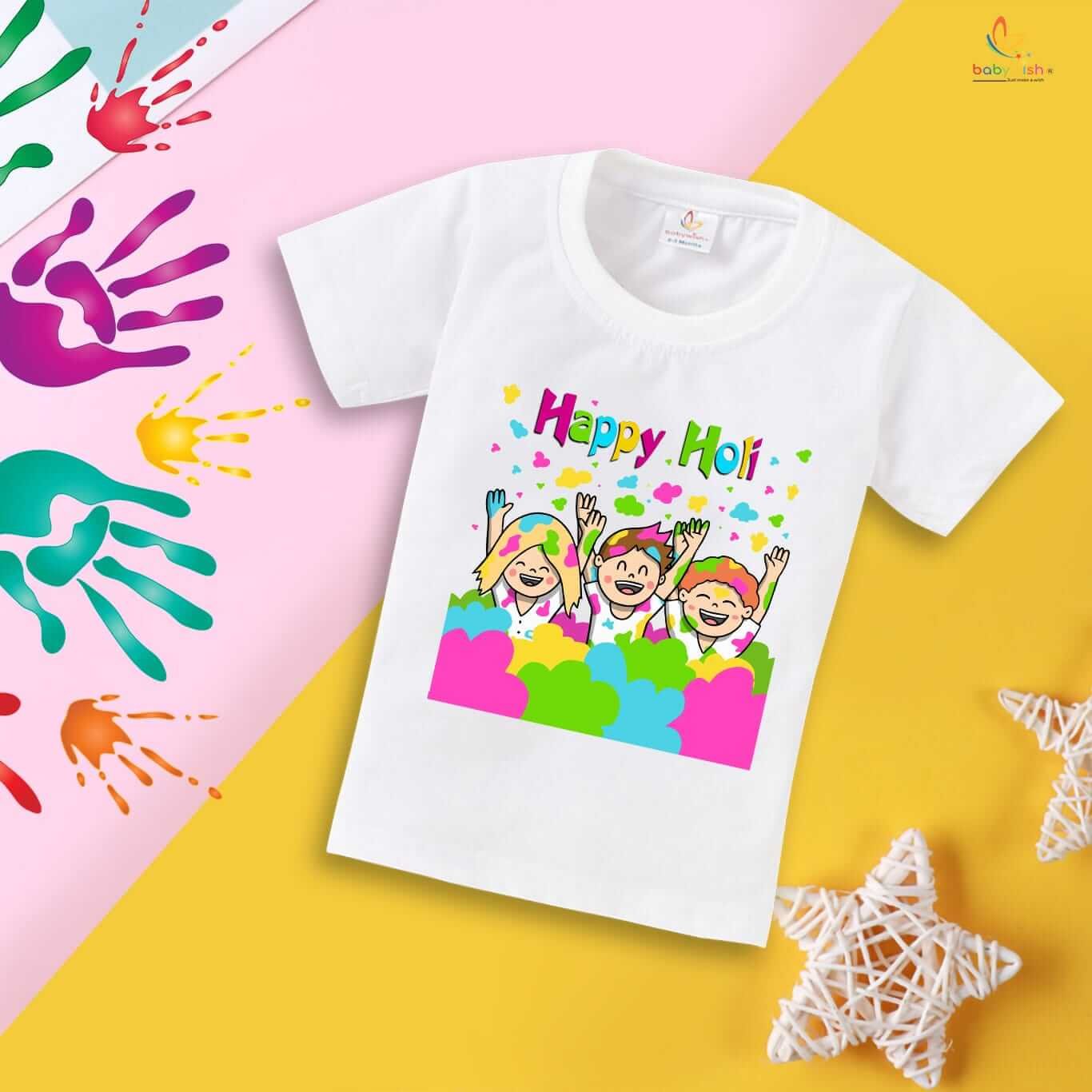 Baby First Holi Romper Clothes for Newborns – Holi Festival Bodysuits, Unisex Half Sleeve Onesies, Envelop Neck, Colorful Gabbar Print Outfit for Babies