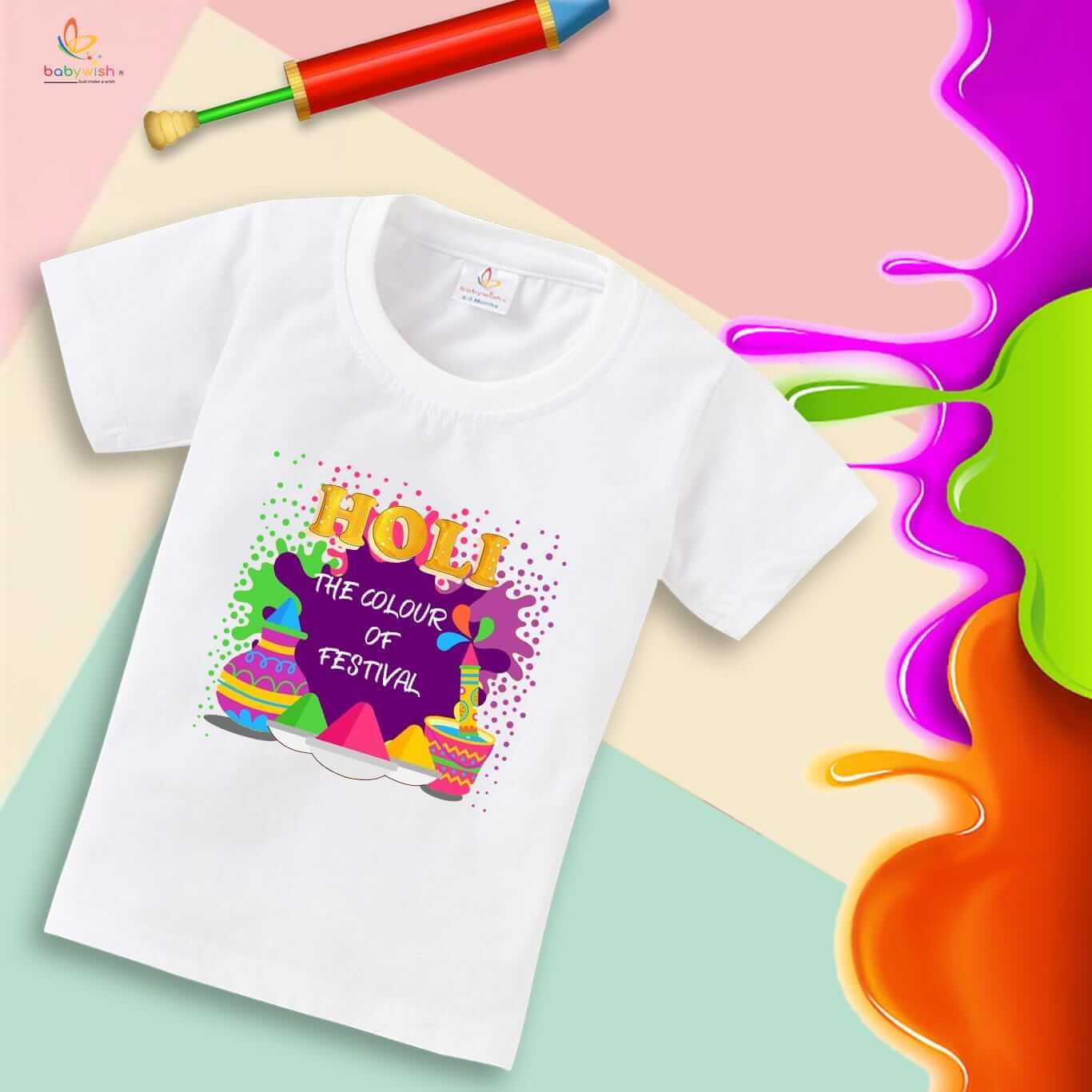 Holi T-shirt for Kids Unisex Holi Topwear Outfit Printed Half Sleeve Tshirt Dress for Boy n Girl "Holi is the Colorful Festivals"