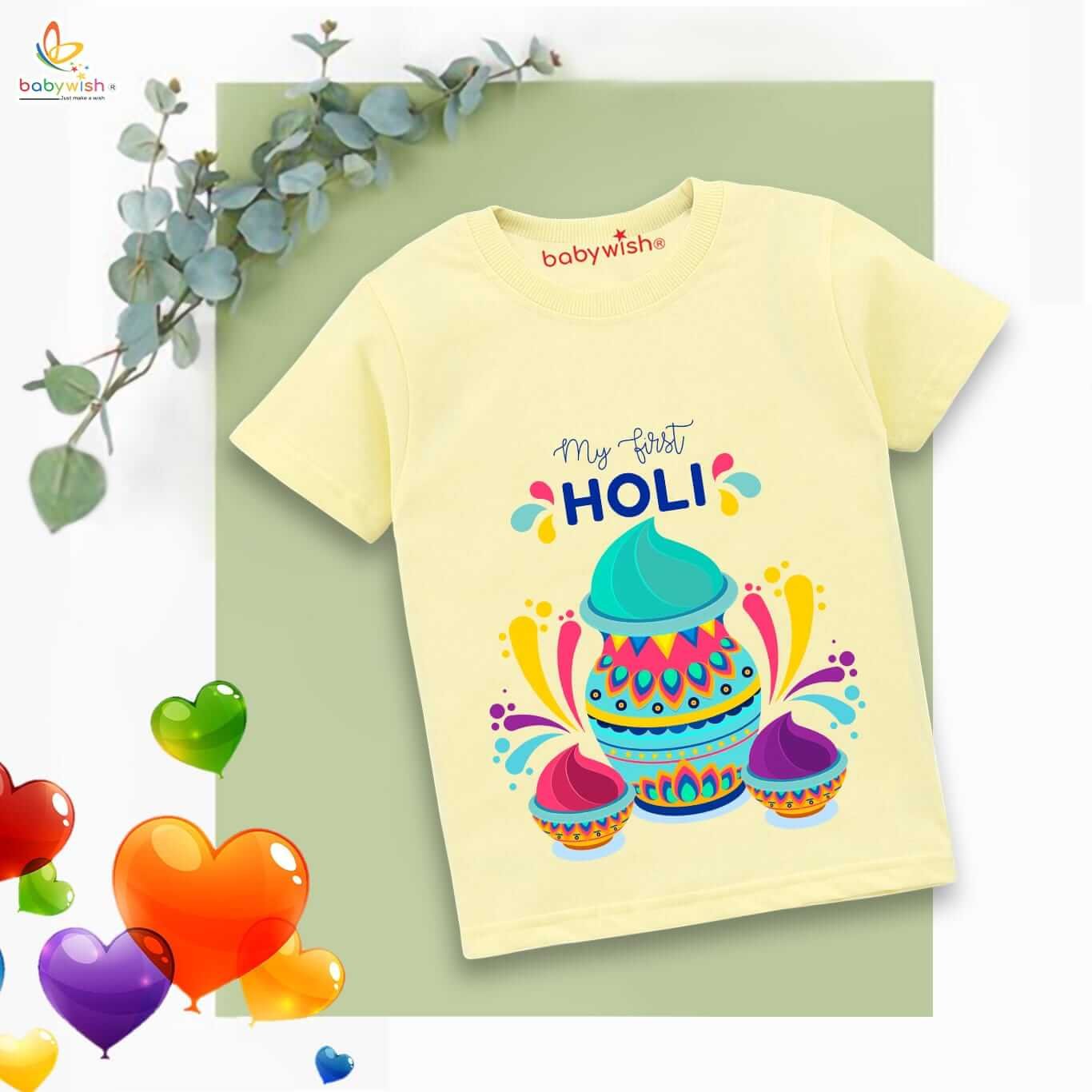 Holi T-shirt for Kids Unisex Printed Half Sleeve Topwear Outfit for Boys and Girls – First Colorful Holi Festival Tee, Comfortable Cotton Casual Wear for Toddlers and Kids