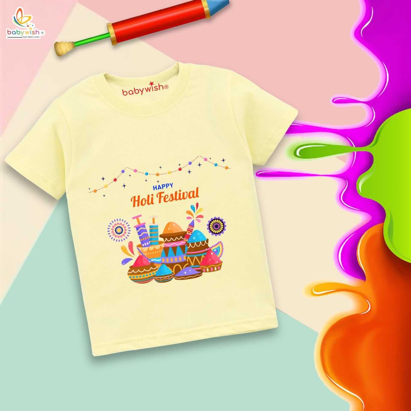 Holi T-shirt for Kids | Unisex Holi Topwear Outfit | Printed Half Sleeve Tshirt Dress for Boys & Girls | “Happy Holi Festivals Watergun” Design
