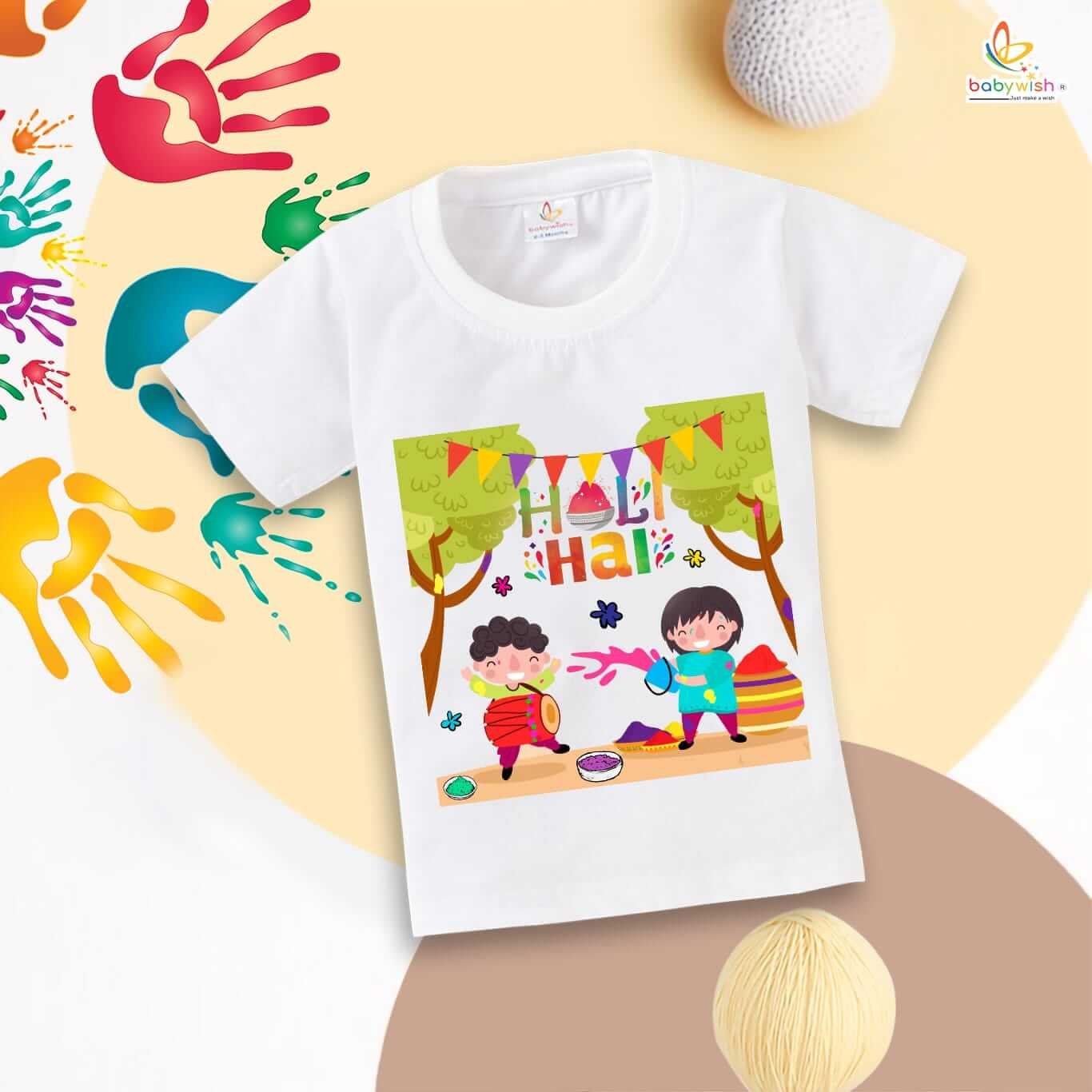 Holi T-shirt for Kids Unisex Printed Half Sleeve Topwear Outfit for Boys and Girls – Happy Holi Hai Dosto Festival Tee, Comfortable Soft Cotton Casual Wear for Toddlers and Kids