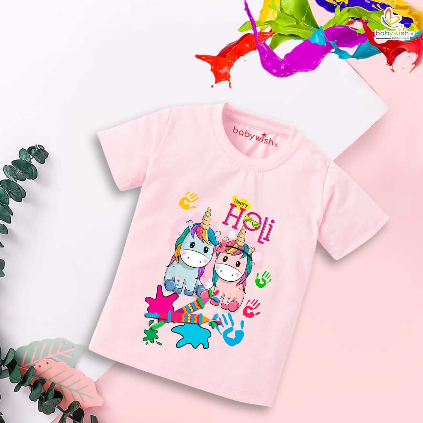 Holi T-shirt for Kids Unisex Printed Half Sleeve Topwear Outfit for Boys and Girls – Holi Celebrations with Unicorn Festival Tee, Soft Cotton Comfortable Casual Wear
