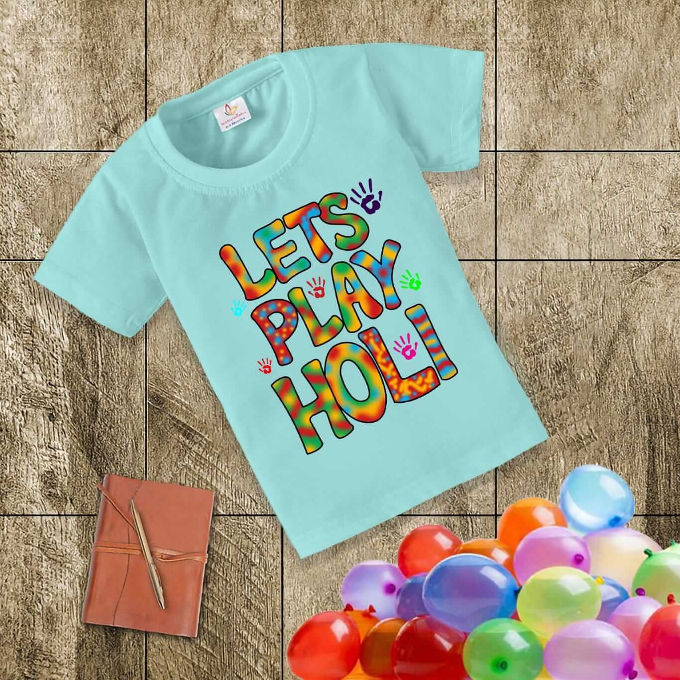 Holi T-shirt for Kids – Unisex Holi Topwear Outfit, Printed Half Sleeve Tee “Lets Play Holi,” Colorful Festival Dress for Boys & Girls