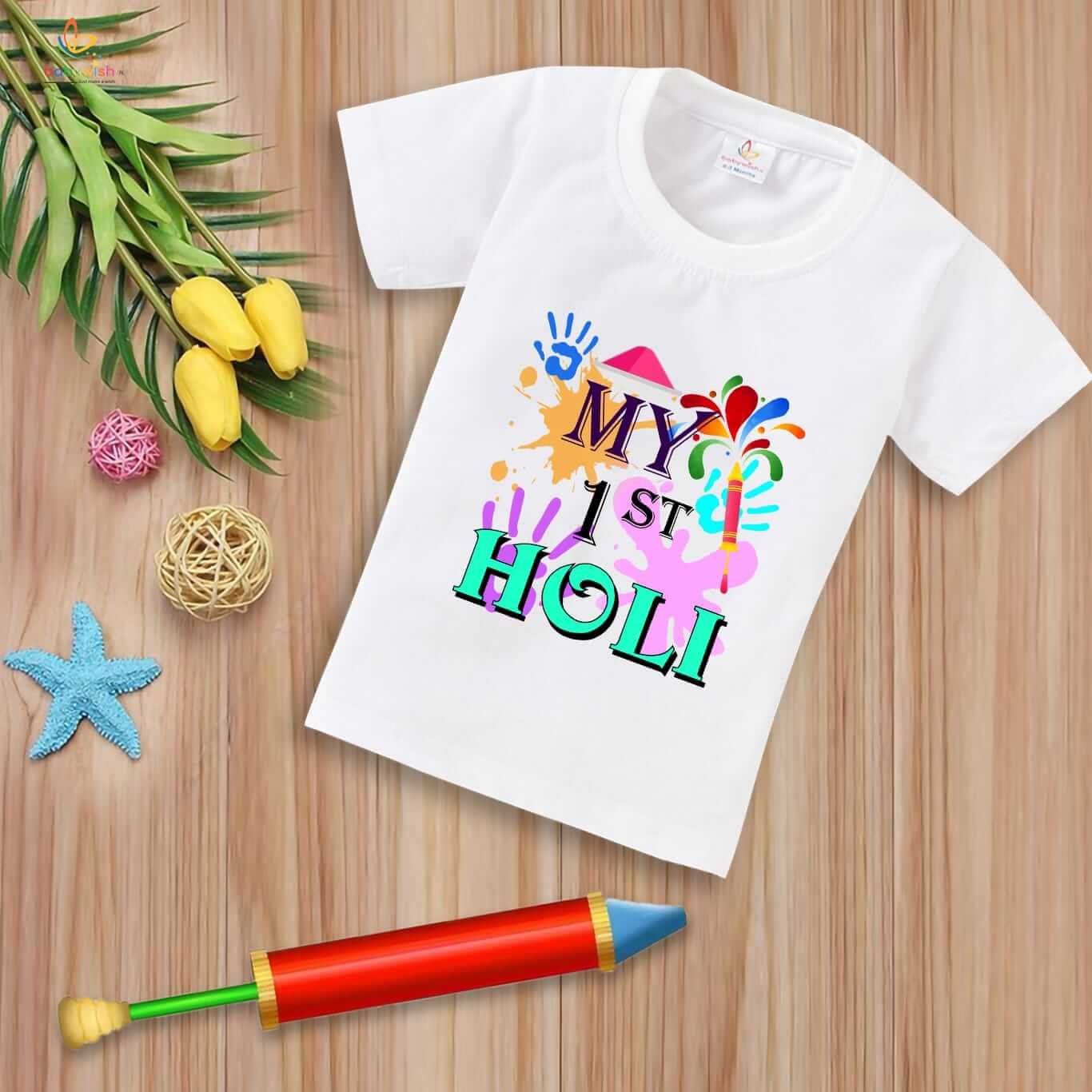 Holi T-shirt for Kids – Unisex Holi Topwear Outfit, Printed Half Sleeve Tee “My 1st Holi Print Color,” Colorful Festival Dress for Boys & Girls